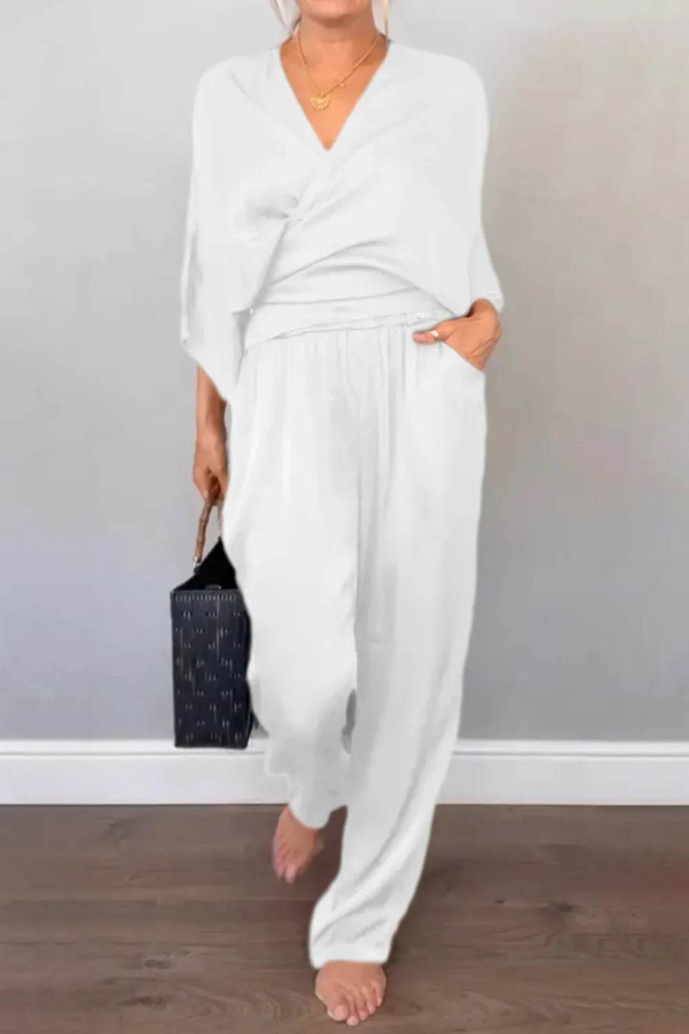 Plus Size Wrap Set - Stylish Surplice Top and Pants for Effortless Elegance - EBYNN