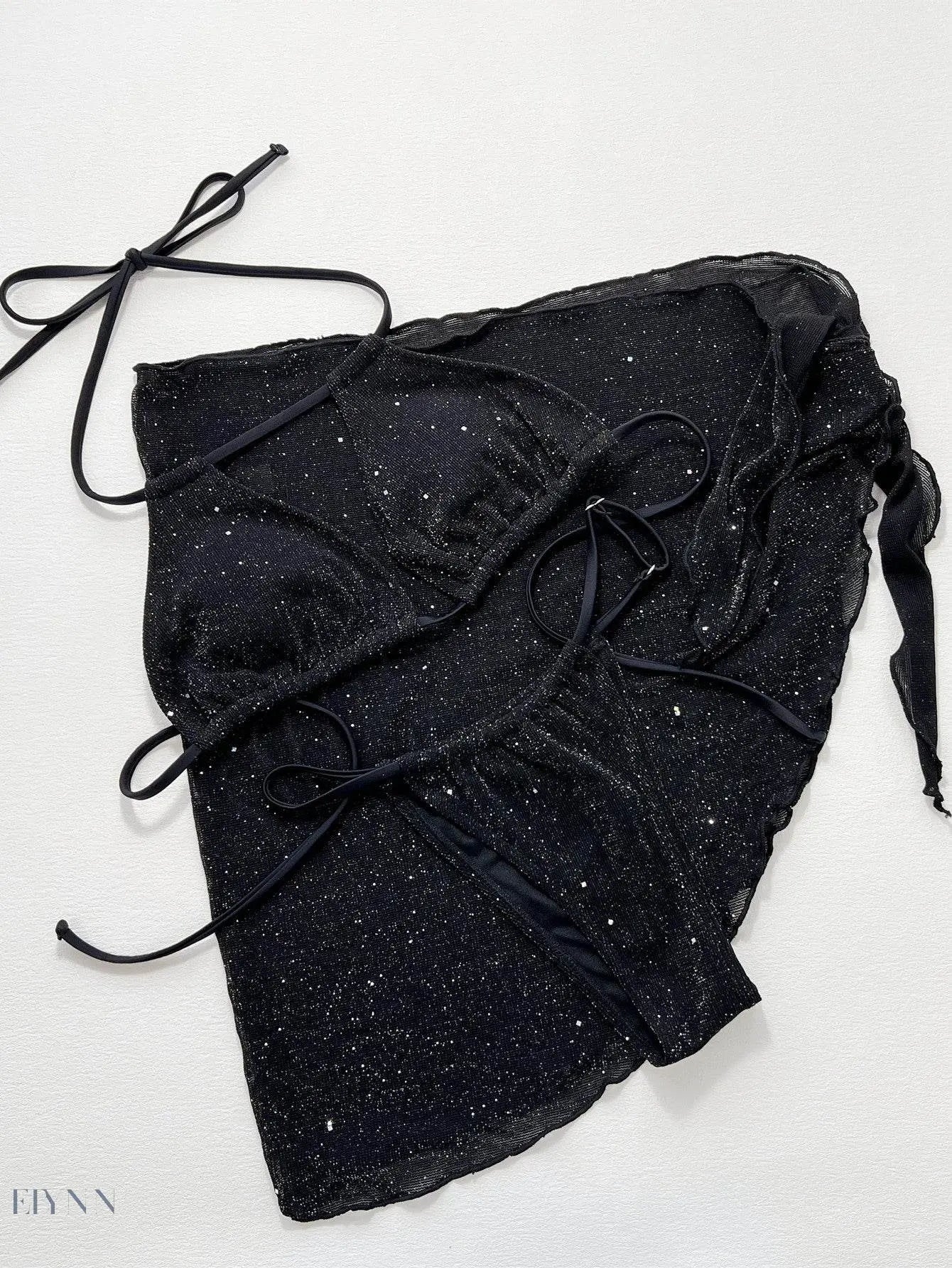 Glitter Halter Neck Backless Three-Piece Swim Set - EBYNN