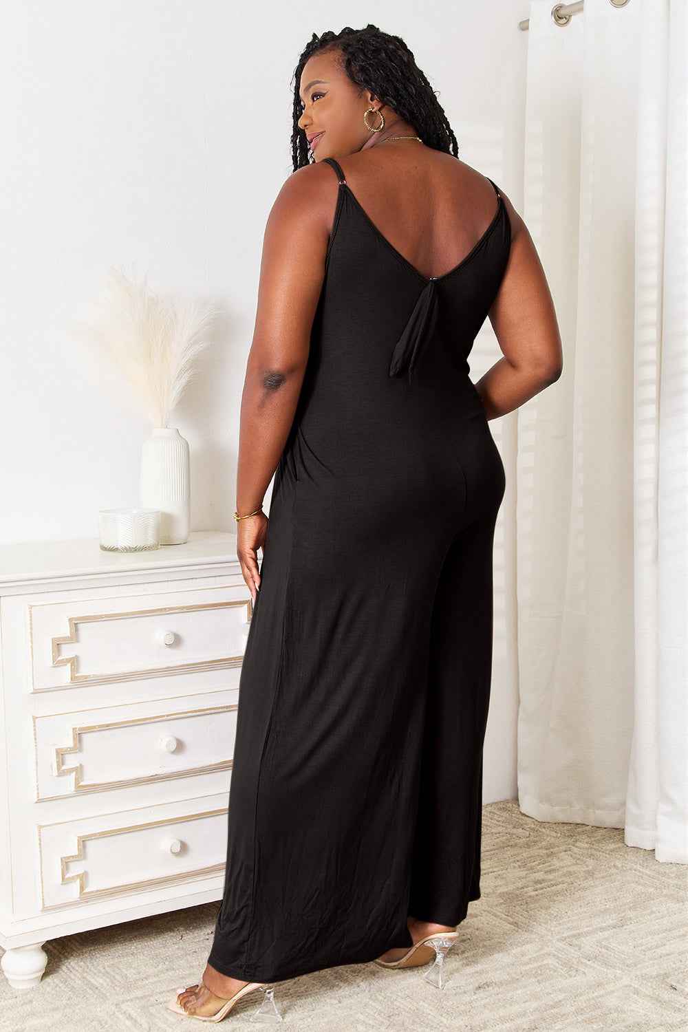 Double Take Full Size Soft Rayon Spaghetti Strap Jumpsuit.