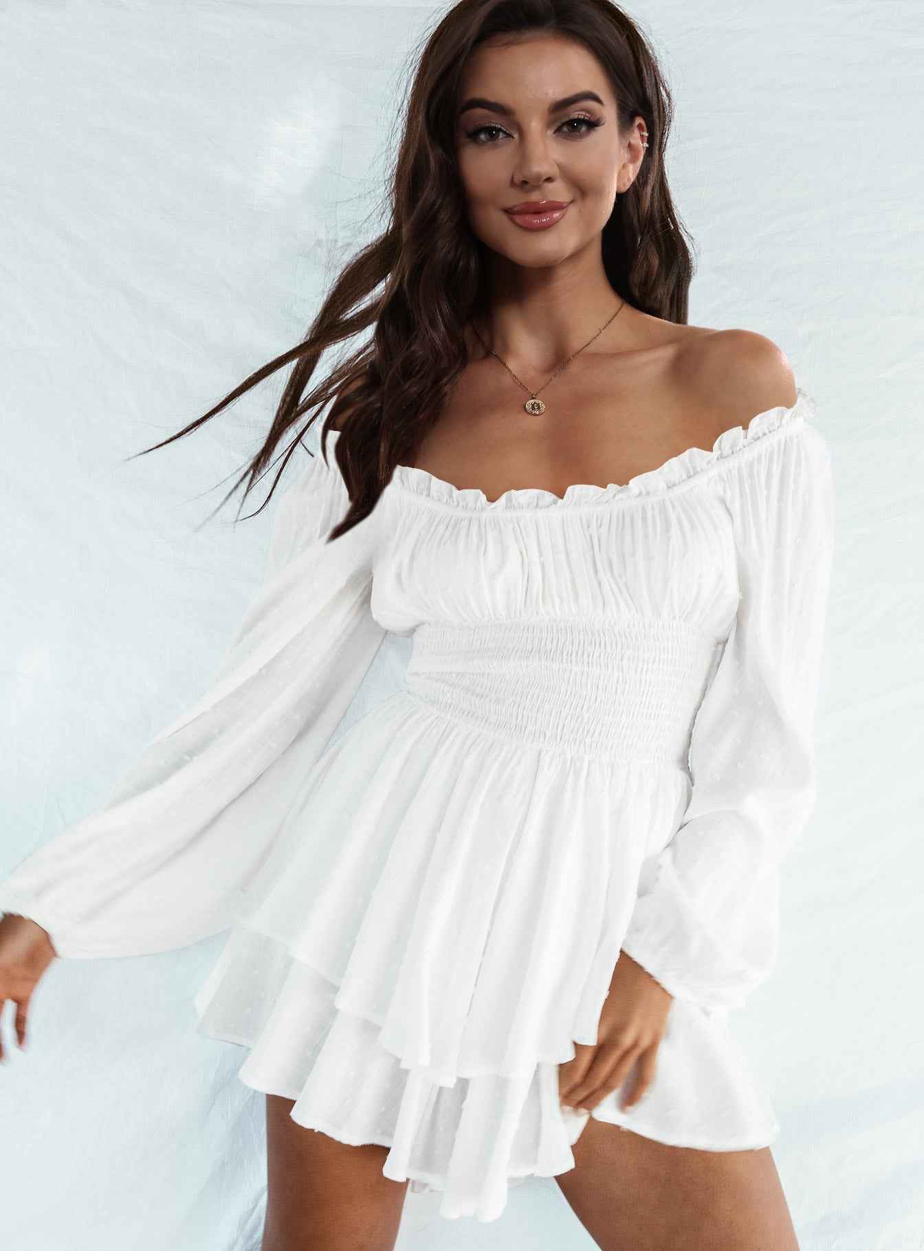 Off Shoulder Smocked Waist Mini Romper.