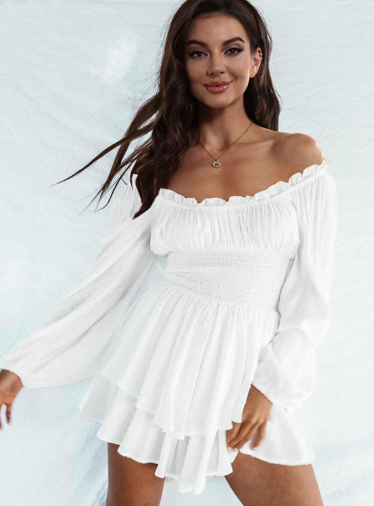 Off Shoulder Smocked Waist Mini Romper.