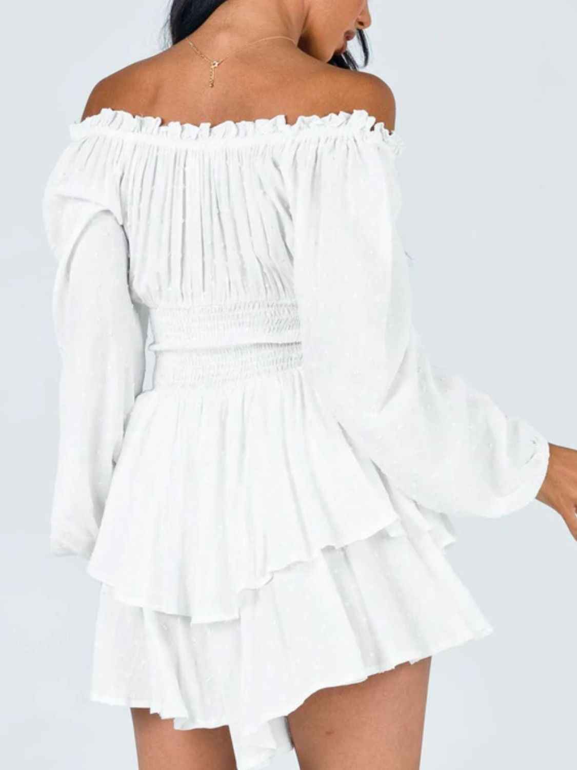 Off Shoulder Smocked Waist Mini Romper.