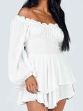 Off Shoulder Smocked Waist Mini Romper.
