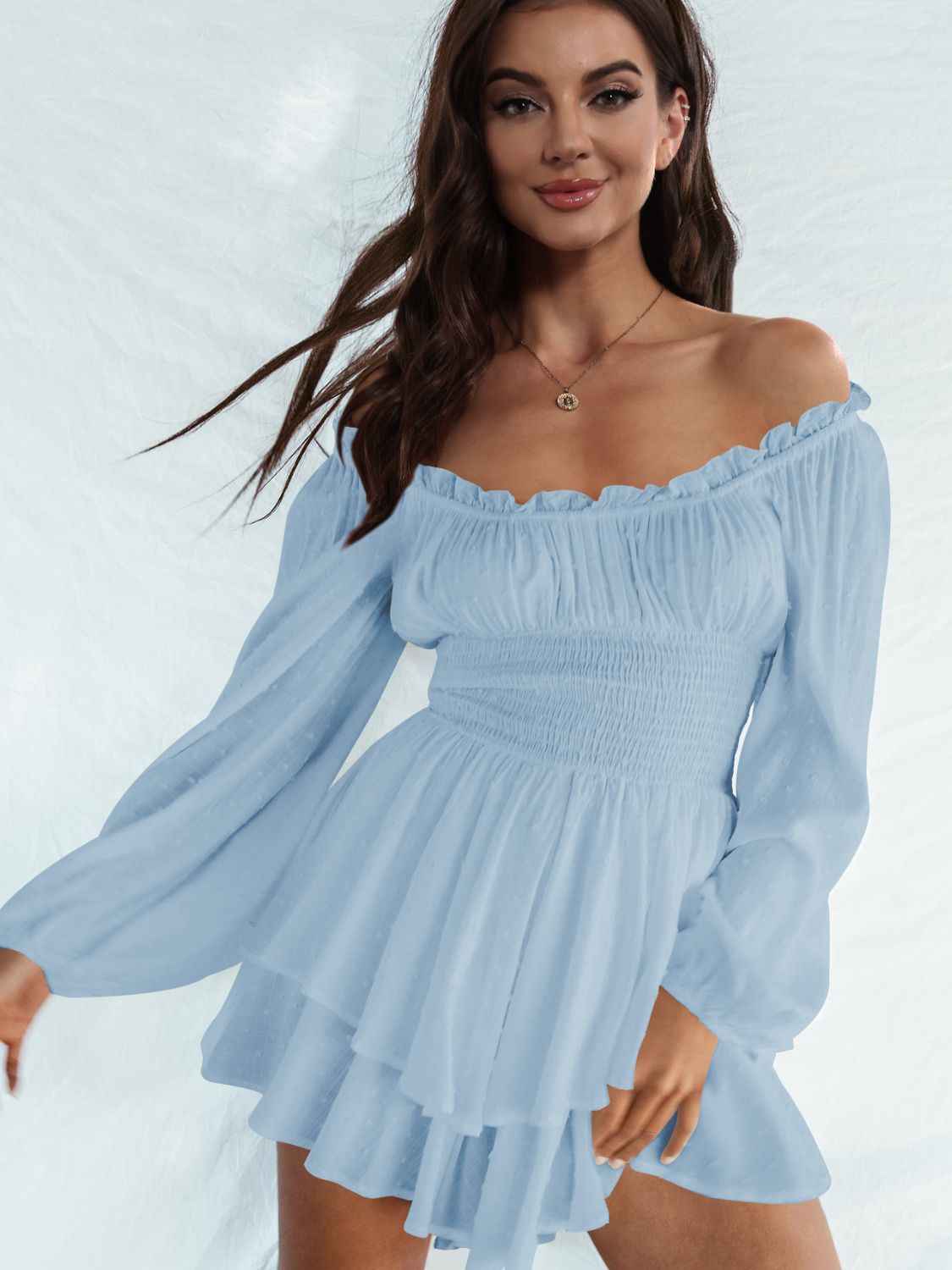 Off Shoulder Smocked Waist Mini Romper.