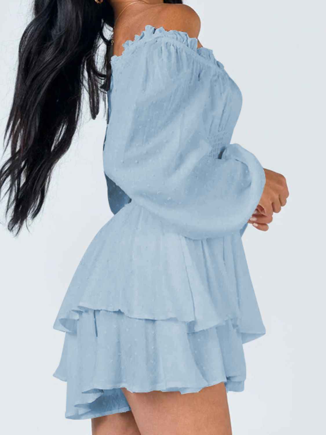 Off Shoulder Smocked Waist Mini Romper.