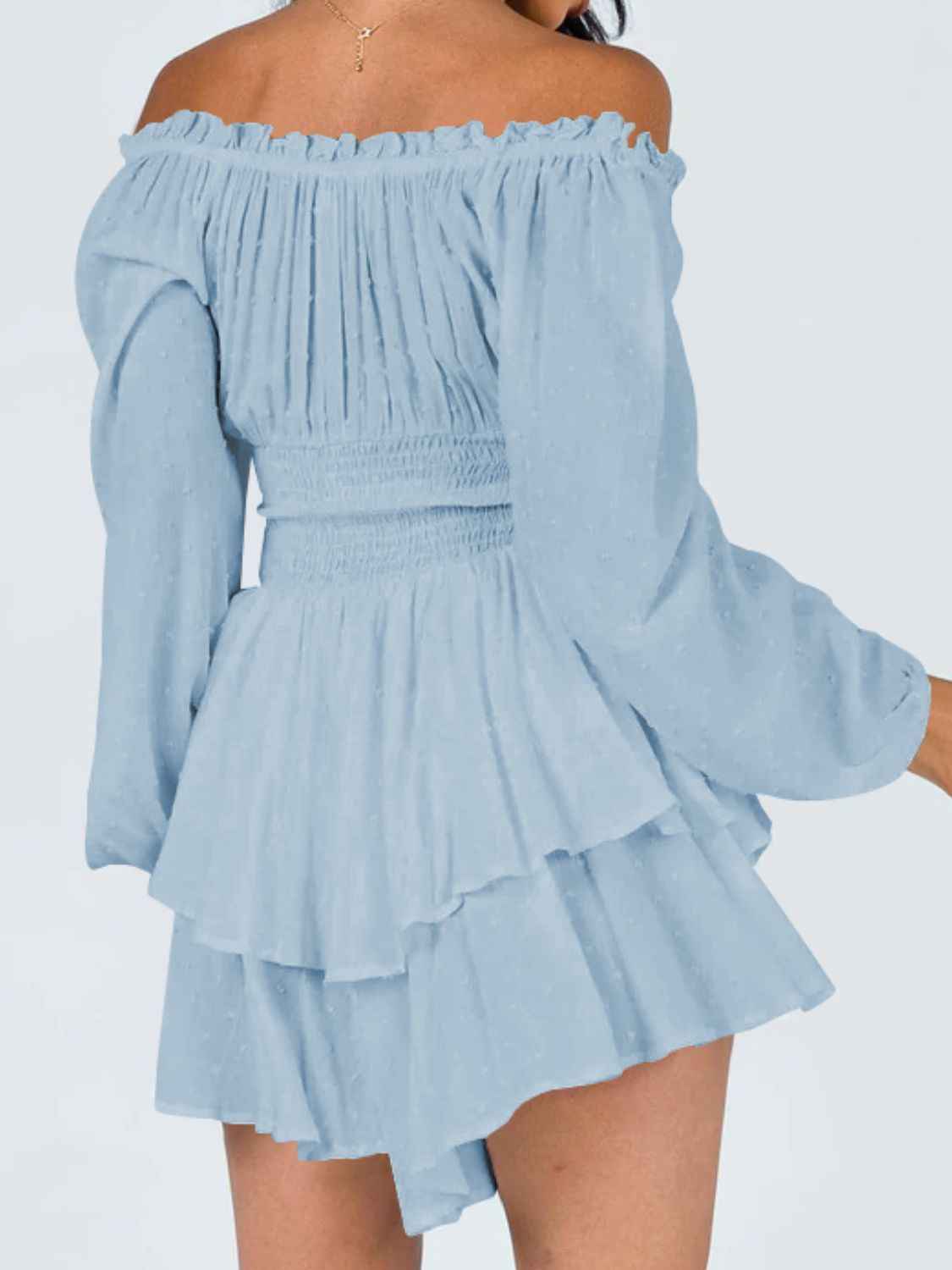 Off Shoulder Smocked Waist Mini Romper.