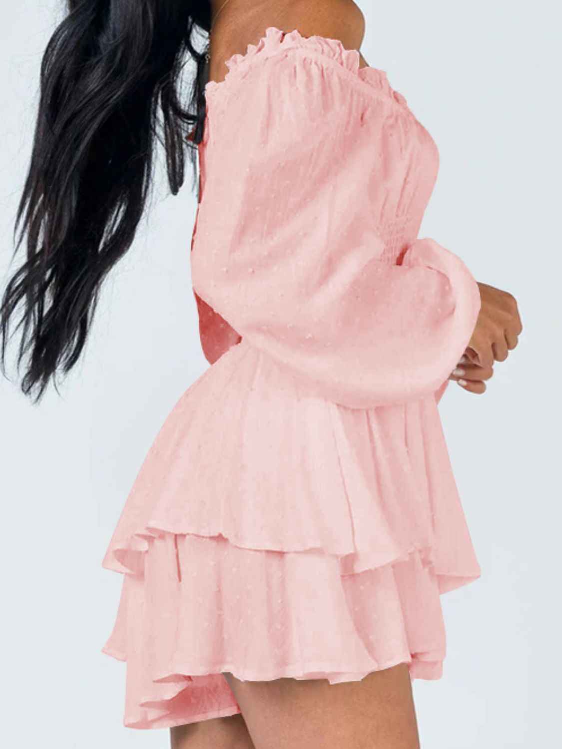 Off Shoulder Smocked Waist Mini Romper.