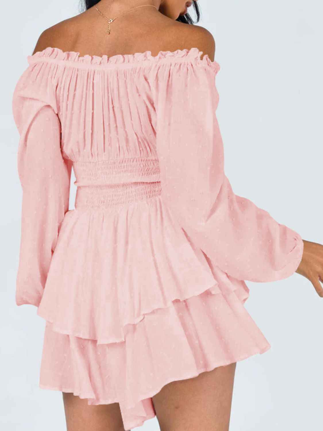 Off Shoulder Smocked Waist Mini Romper.