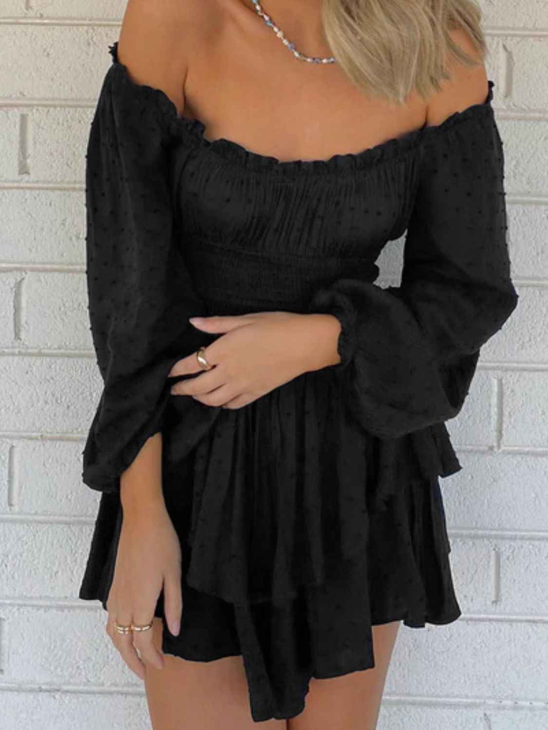 Off Shoulder Smocked Waist Mini Romper.