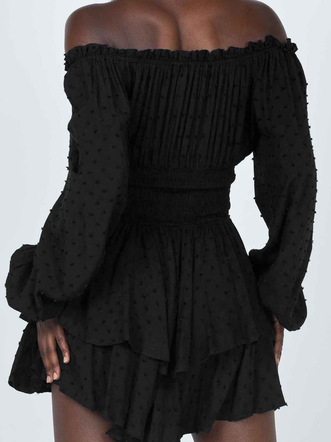 Off Shoulder Smocked Waist Mini Romper.