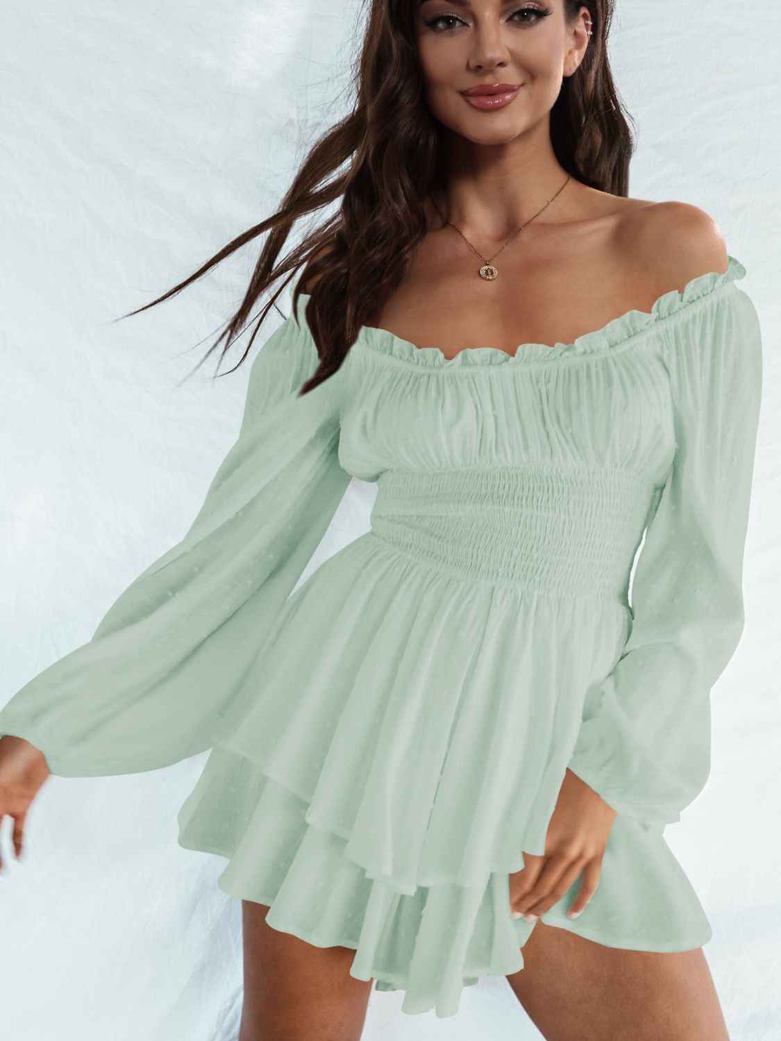 Off Shoulder Smocked Waist Mini Romper.
