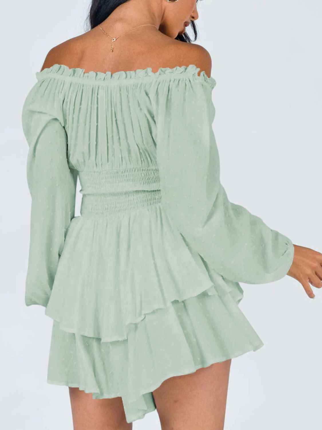 Off Shoulder Smocked Waist Mini Romper.