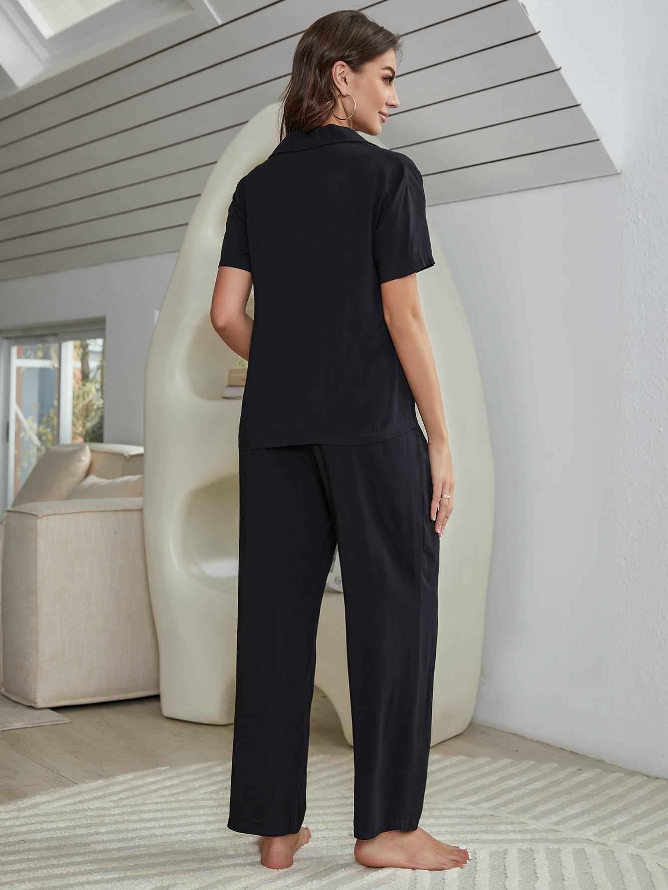 Women's Short Sleeve Shirt, Bralette, and Pants Lounge Set.