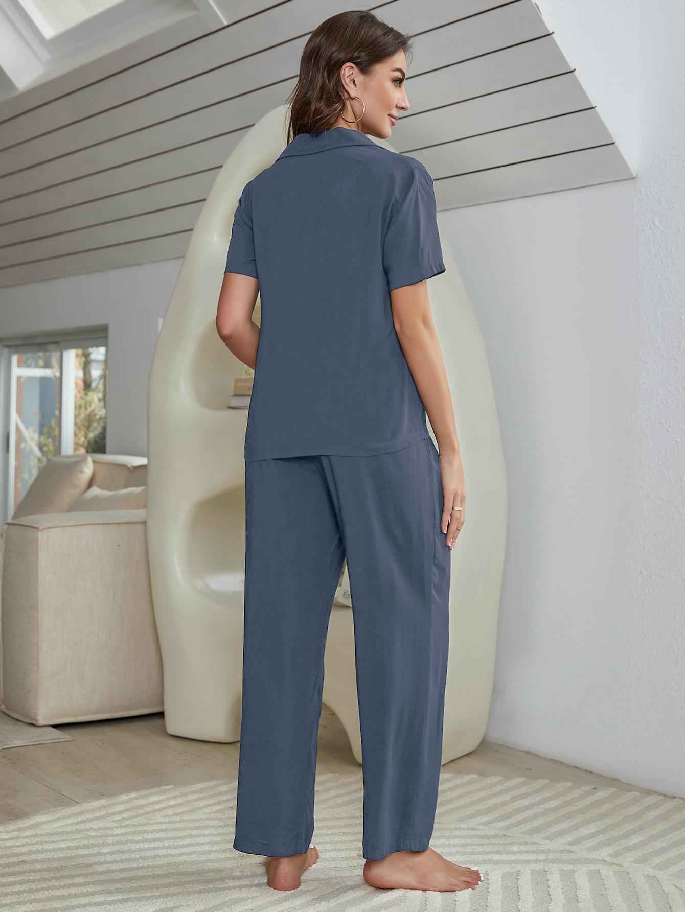 Women's Short Sleeve Shirt, Bralette, and Pants Lounge Set.