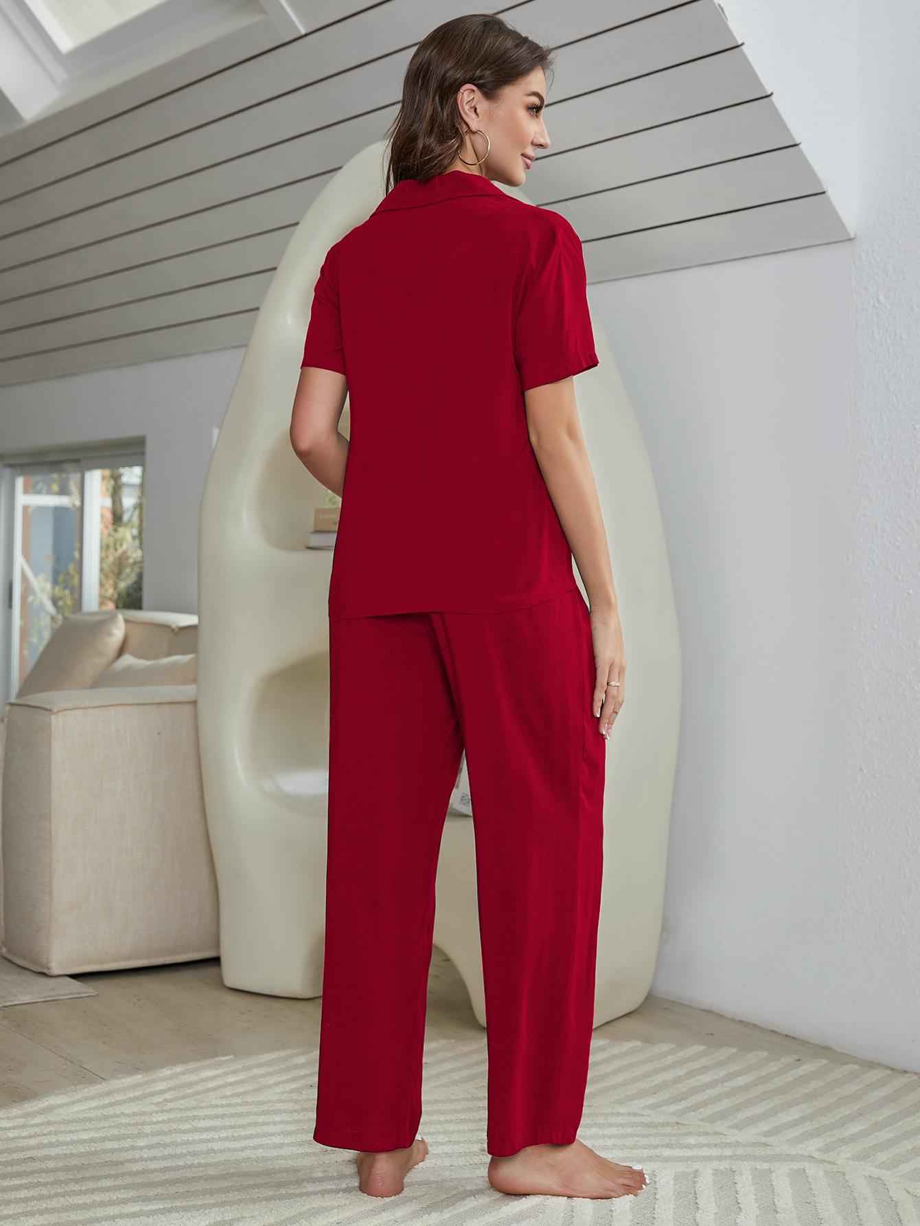 Women's Short Sleeve Shirt, Bralette, and Pants Lounge Set.