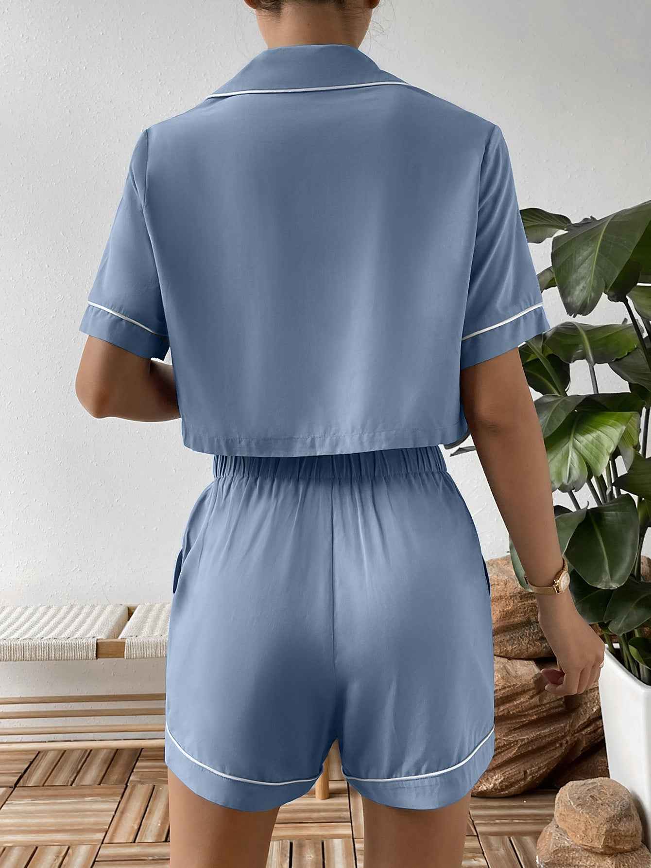 Ivy Lane Cropped Shirt and Shorts Lounge Set.