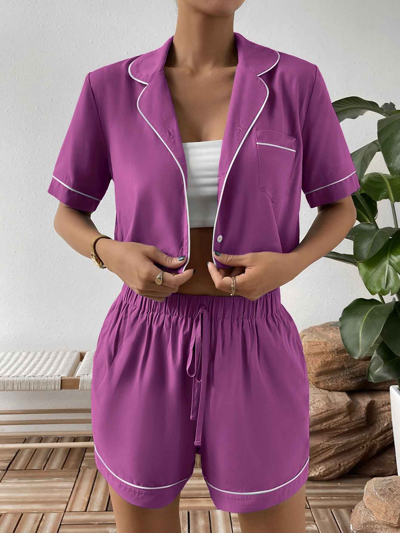 Ivy Lane Cropped Shirt and Shorts Lounge Set.
