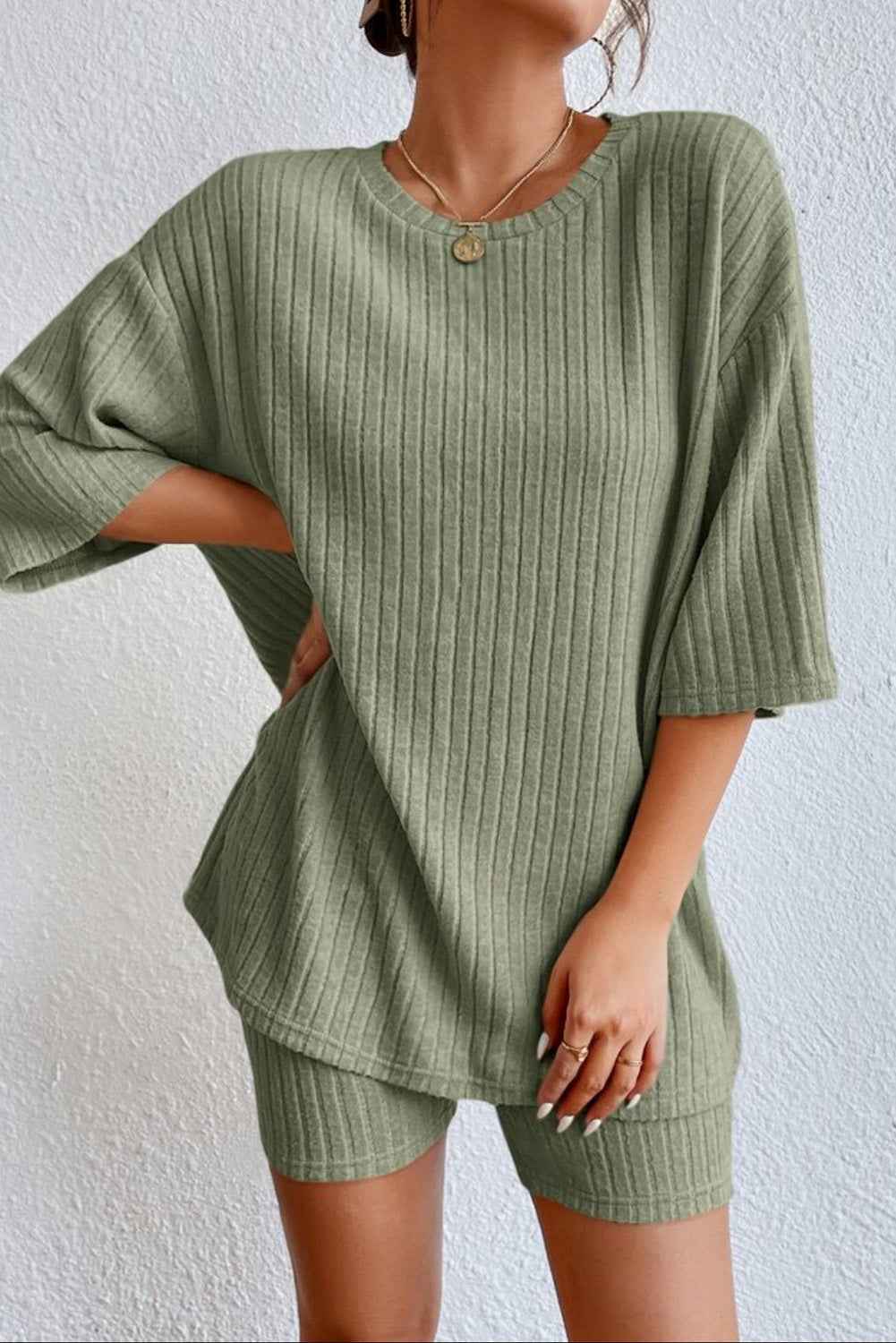 Ribbed Round Neck Top & Shorts Lounge Set.