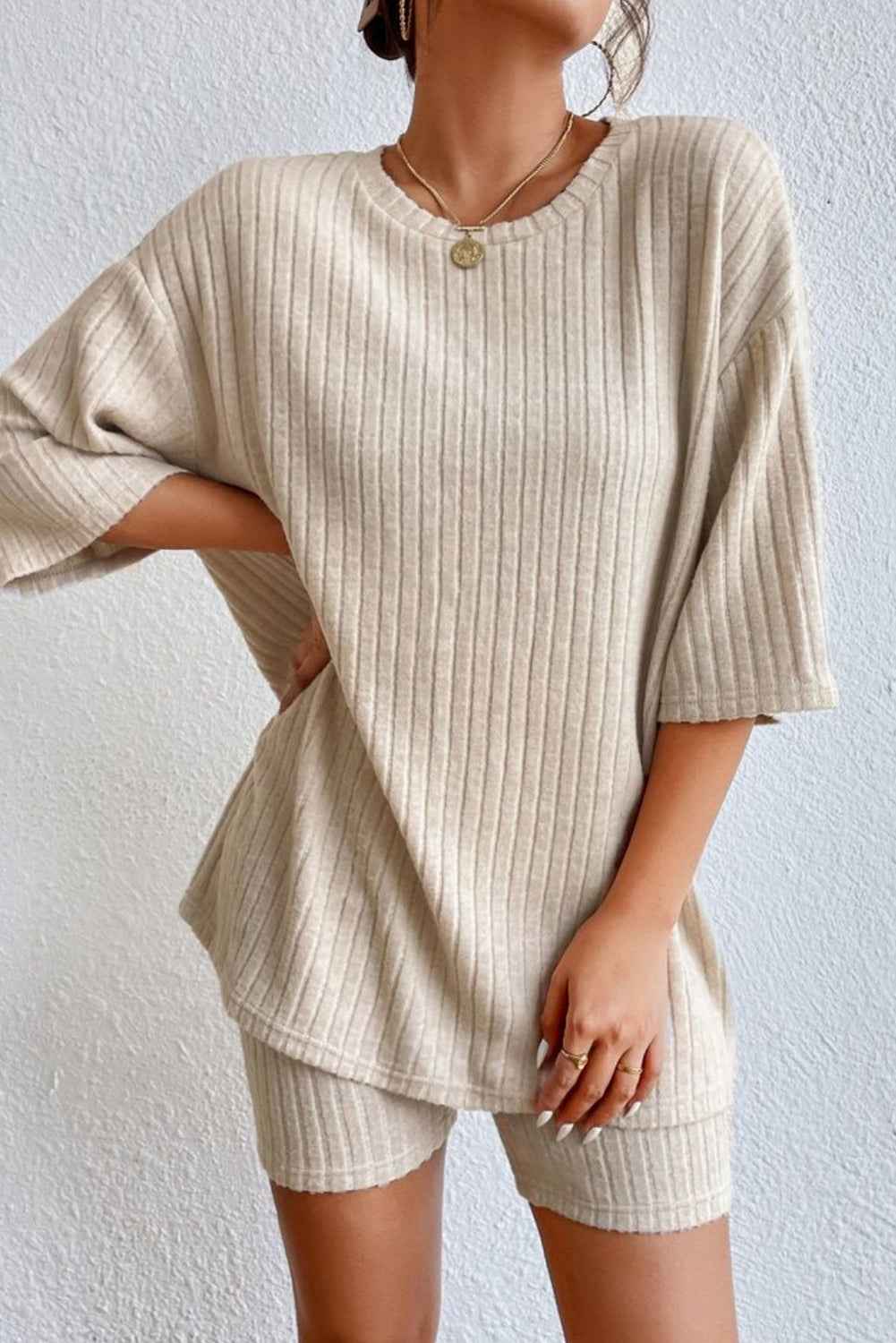 Ribbed Round Neck Top & Shorts Lounge Set.