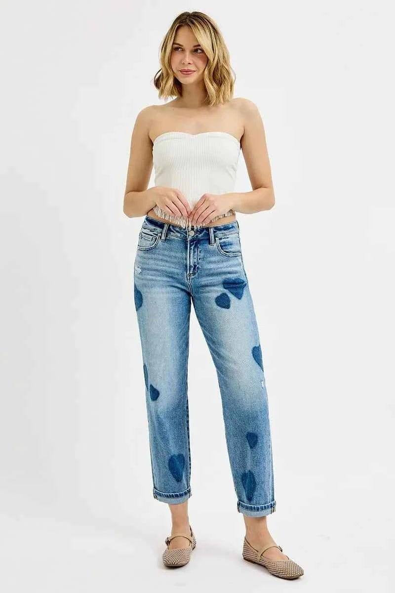 RISEN Plus Size Mid Rise Boyfriend Heart Print Jeans.