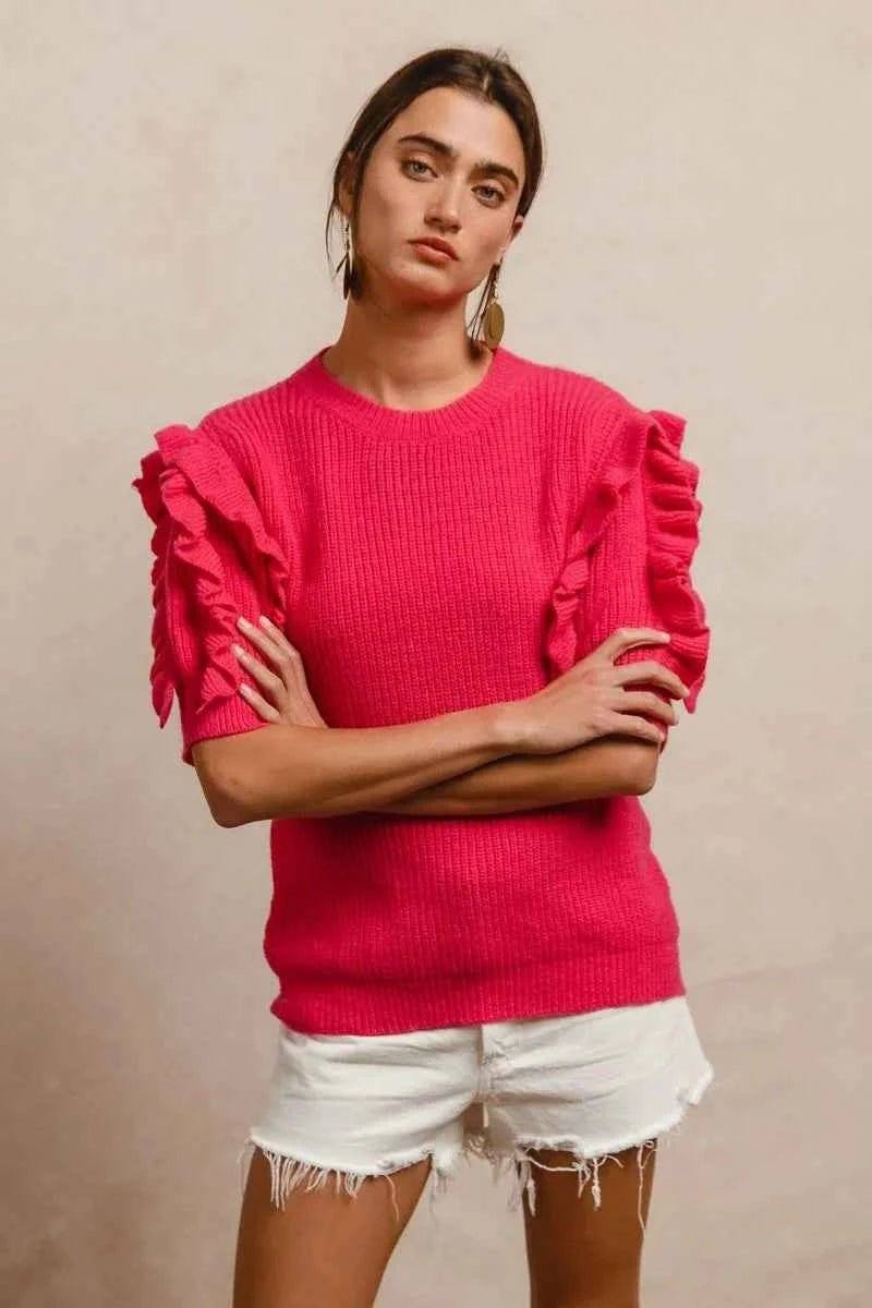 BiBi Ruffle Sleeve Ribbed Sweater.