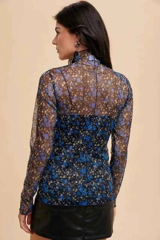 Annie Wear Floral Lettuce Hem Sheer Mesh Top.
