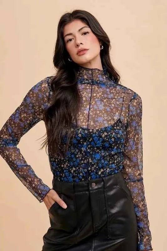 Annie Wear Floral Lettuce Hem Sheer Mesh Top.