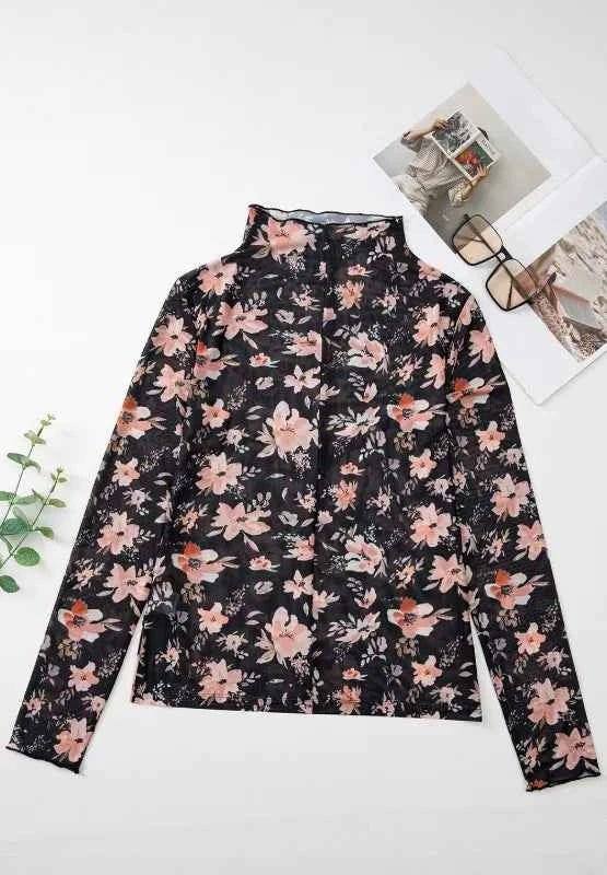 Floral Mock Neck Long Sleeve Blouse.