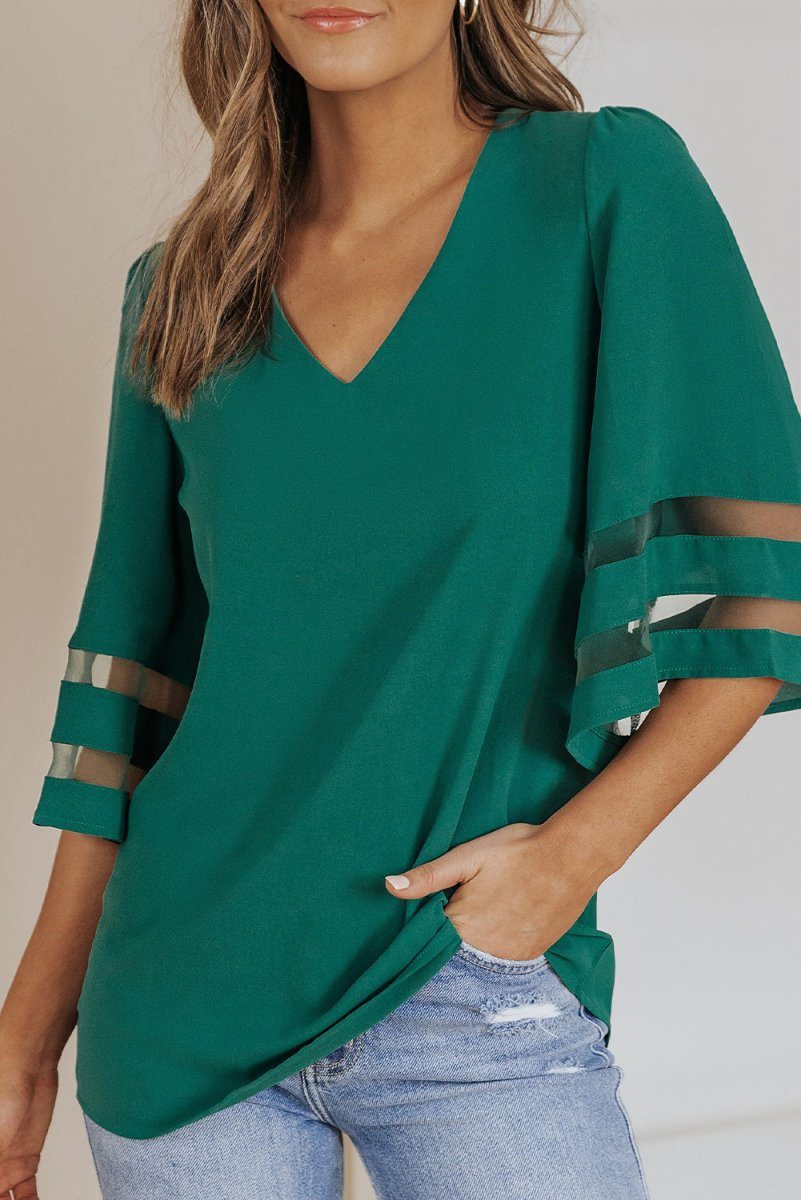 Sheer Striped Flare Sleeve V-Neck Blouse.