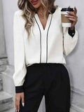 Contrast Notched Long Sleeve Blouse.