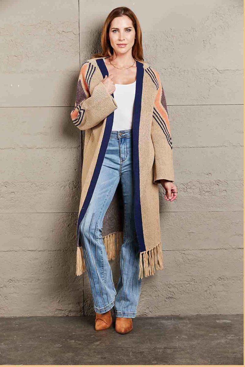 Angel Wings Geometric Fringe Hem Open Front Duster Cardigan.