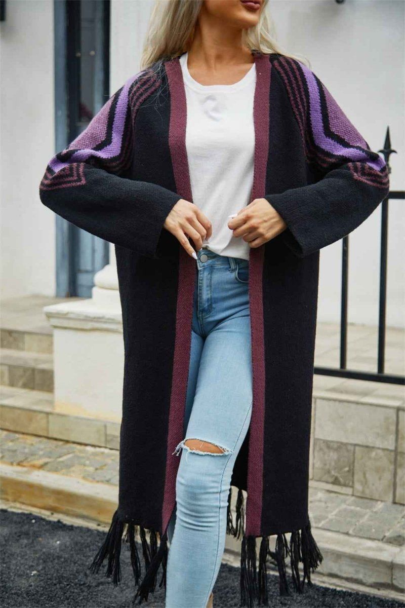 Angel Wings Geometric Fringe Hem Open Front Duster Cardigan.