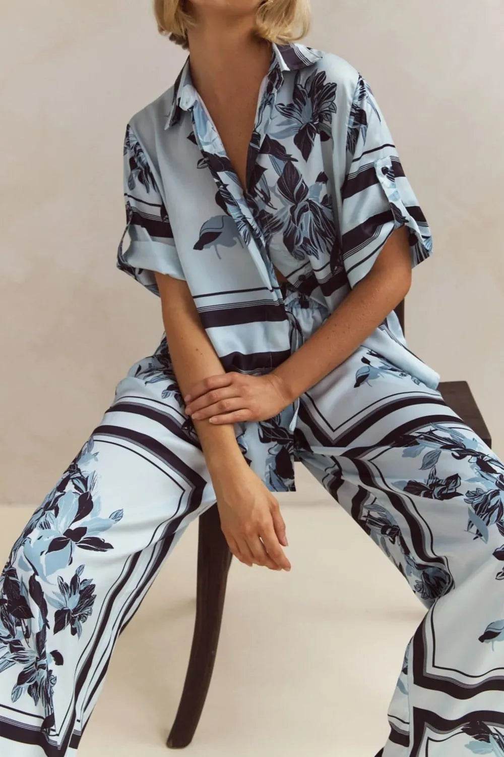 Printed Button Up Shirt and Pants Set - EBYNN