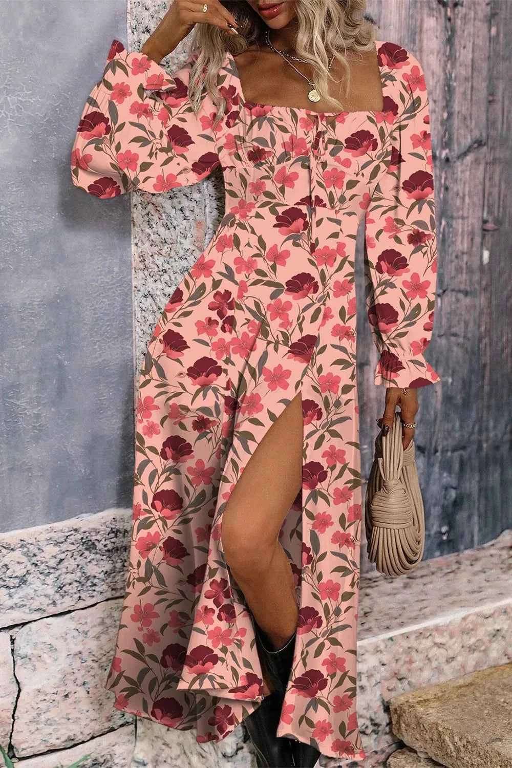 Floral Print Flounce Sleeve Midi Dress.