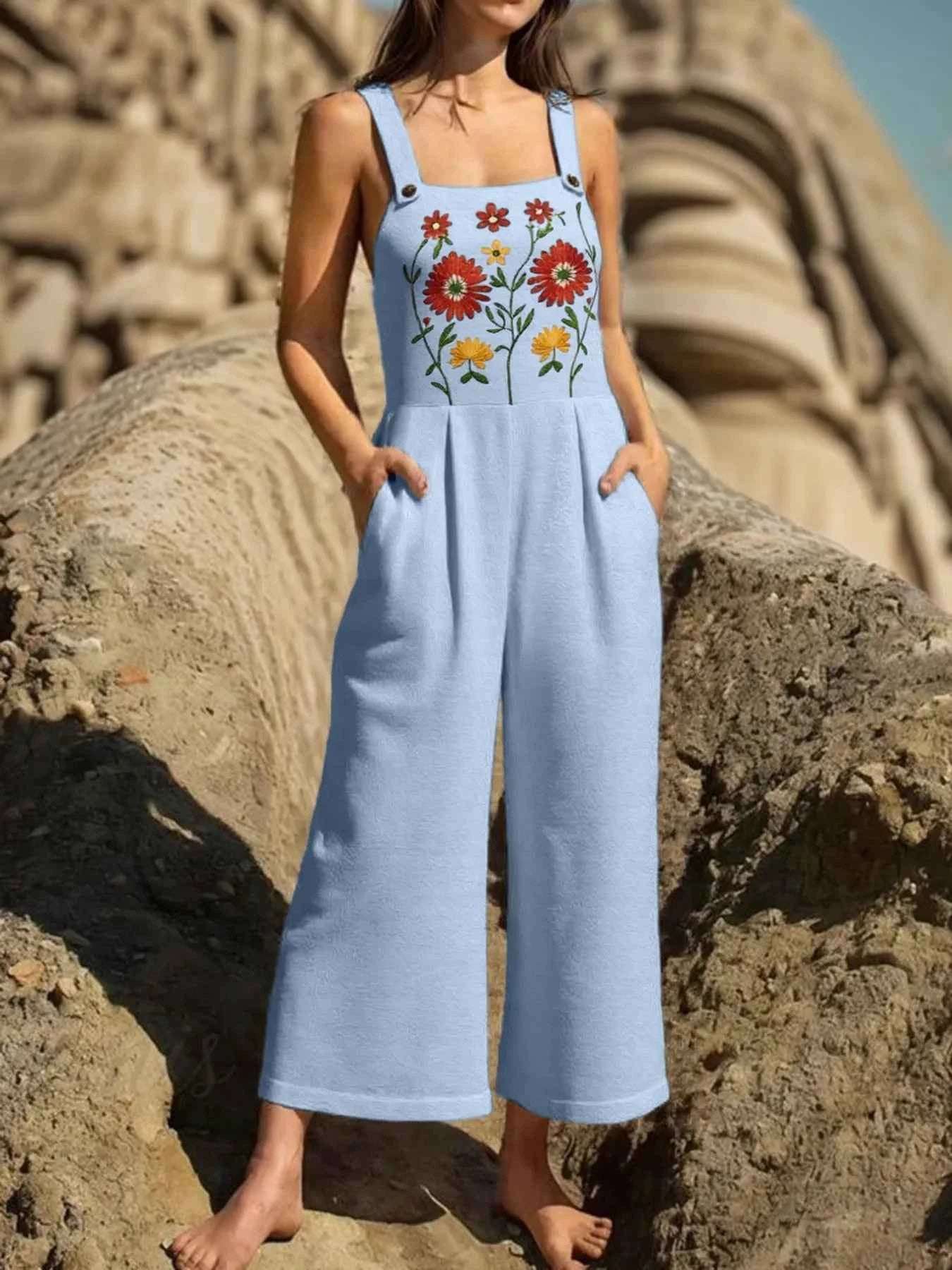 Floral Embroidered Wide Leg Jumpsuit.