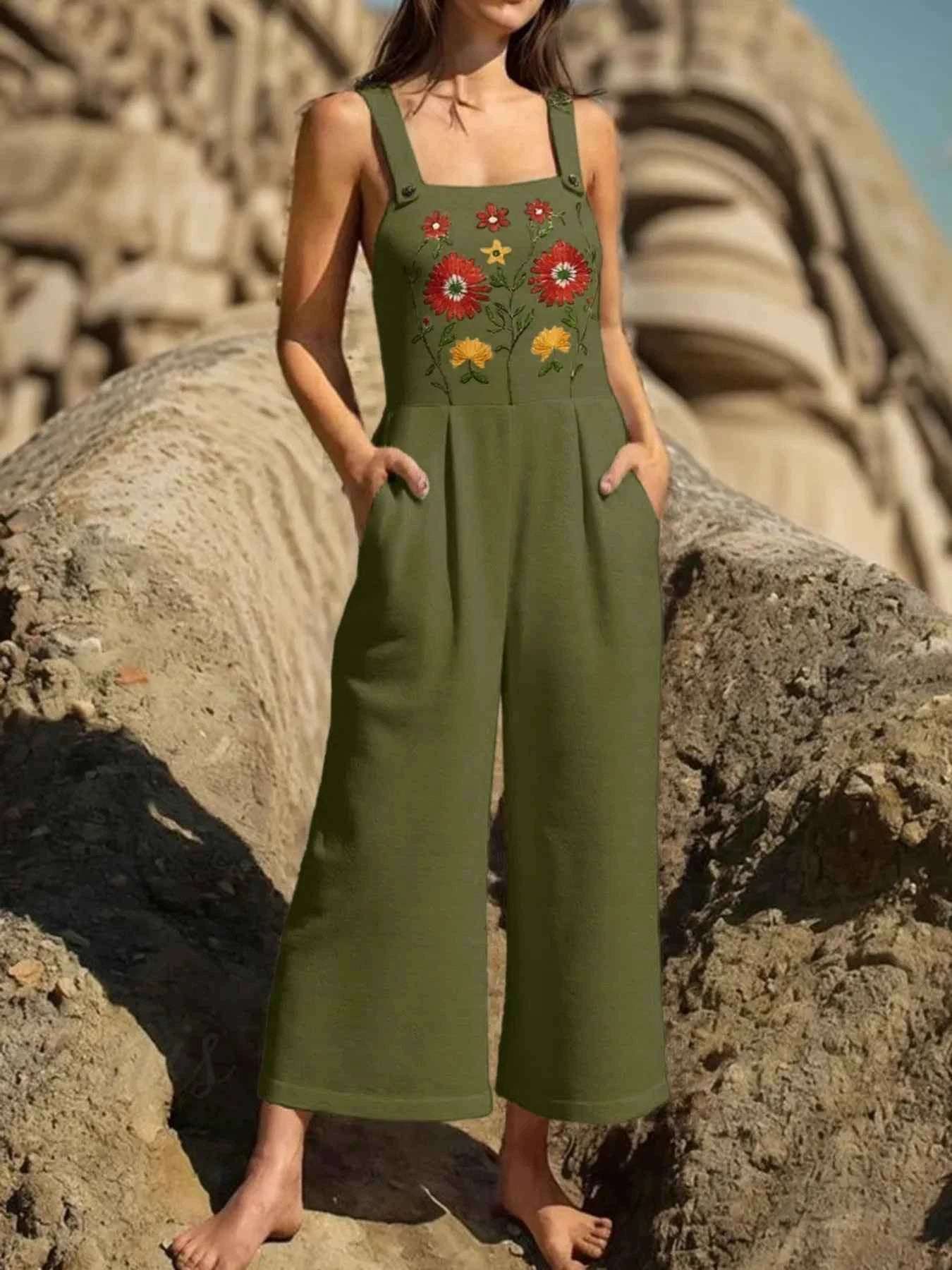 Floral Embroidered Wide Leg Jumpsuit.
