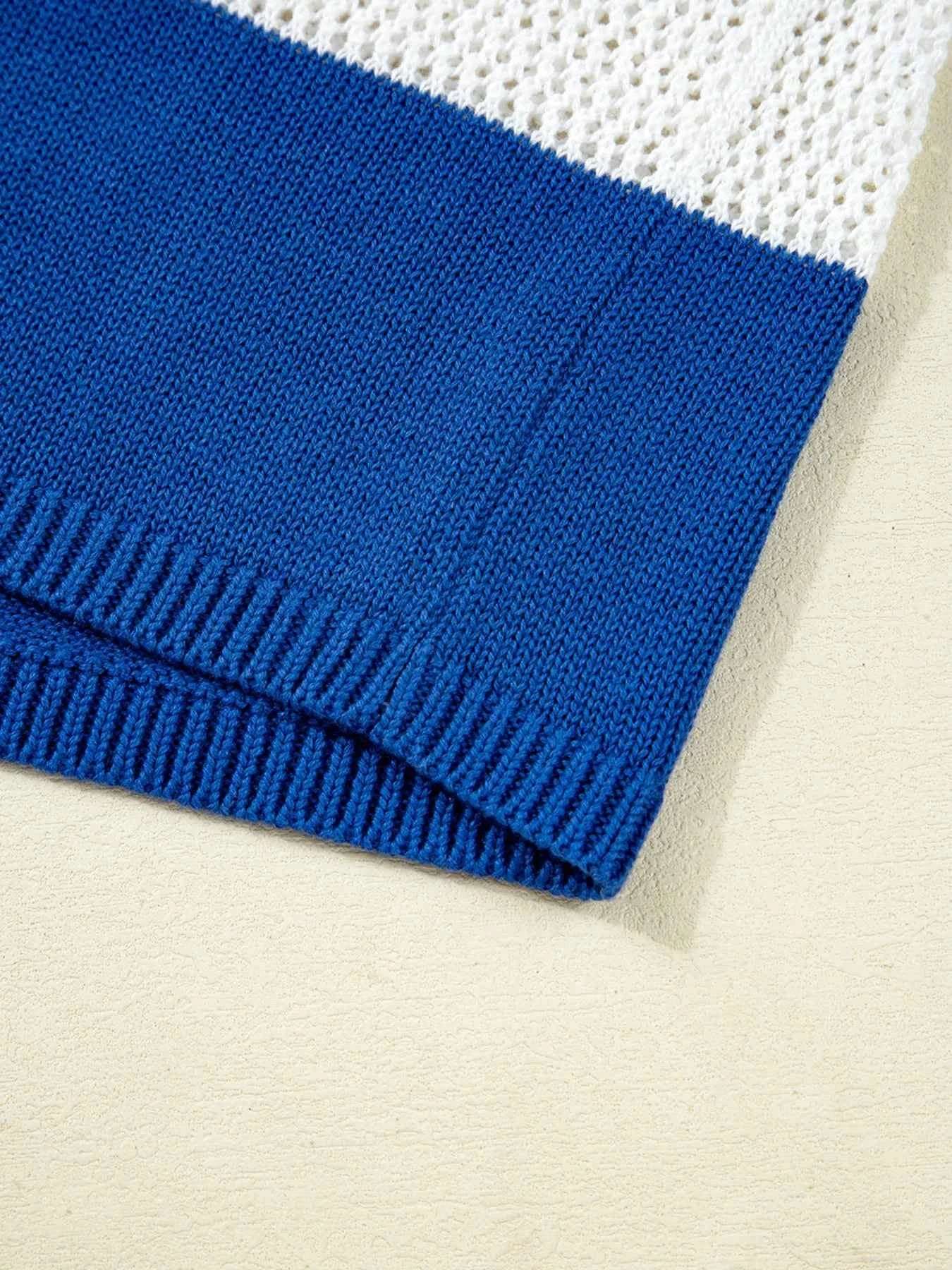 Stripe Colorblock Polo Collar Crochet Knitted Cover Up.