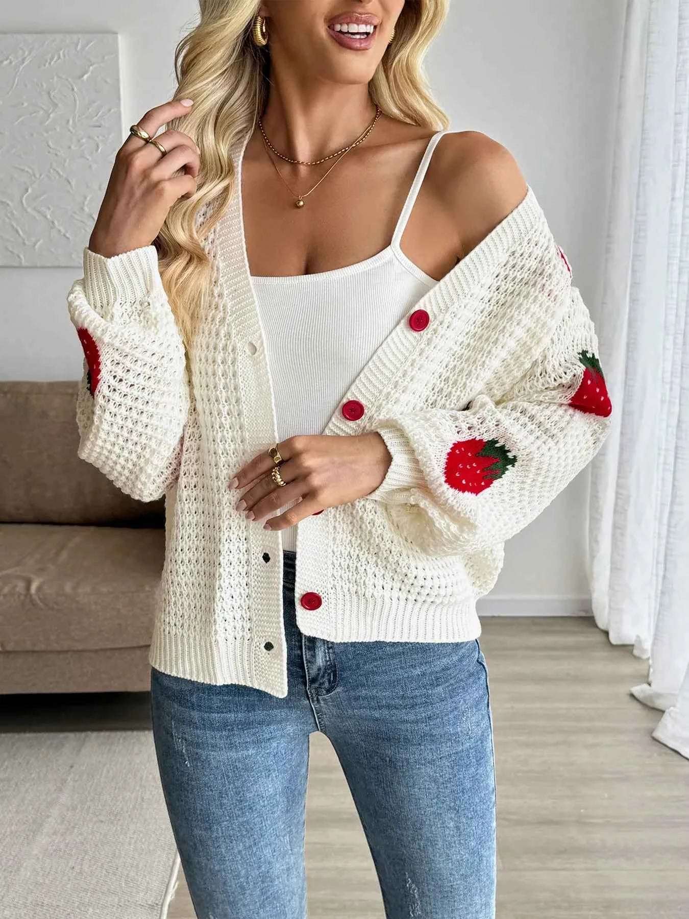Strawberry Pattern V-Neck Button-Up Cardigan.