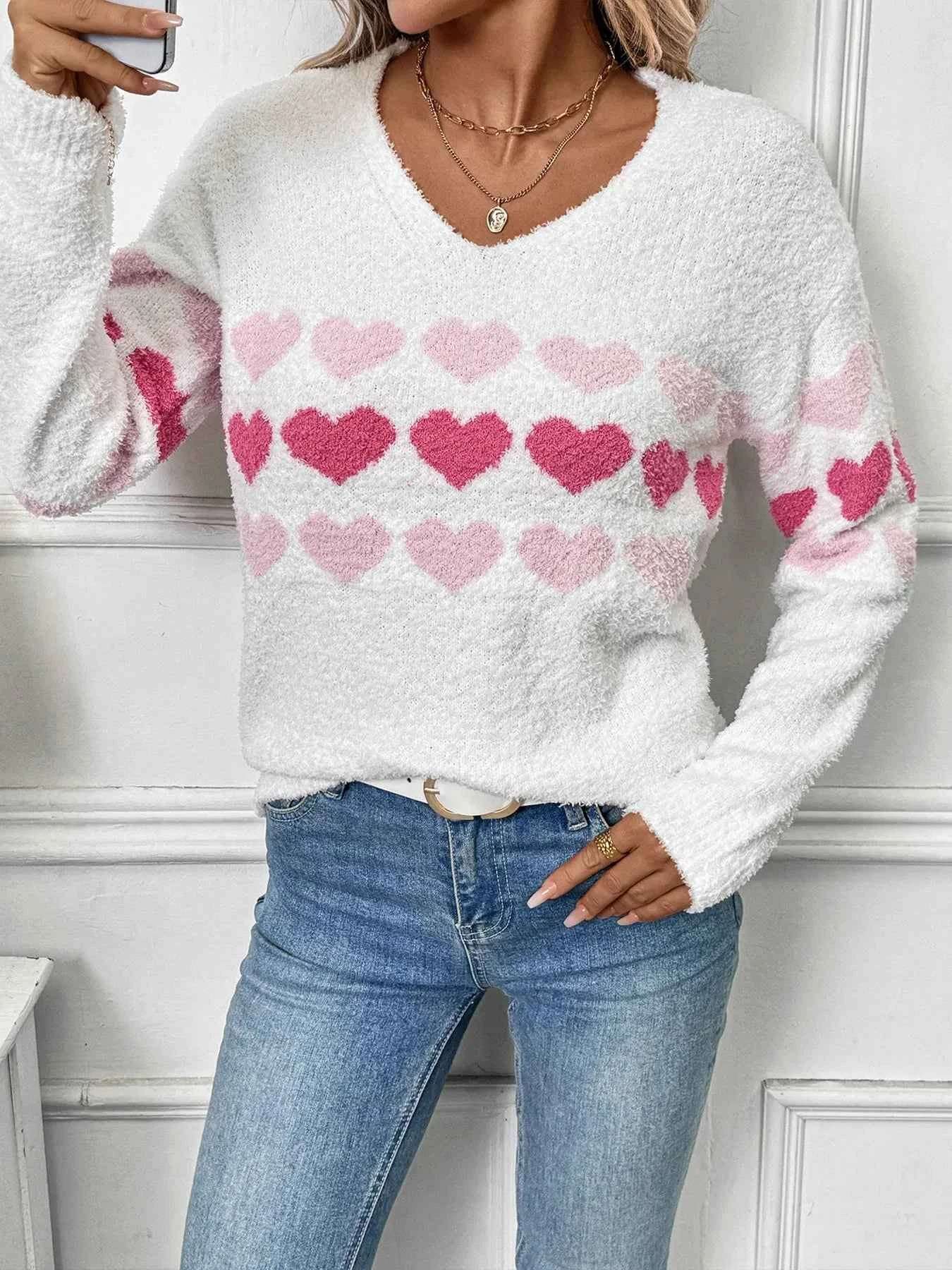 Heart Pattern V-Neck Sweater.