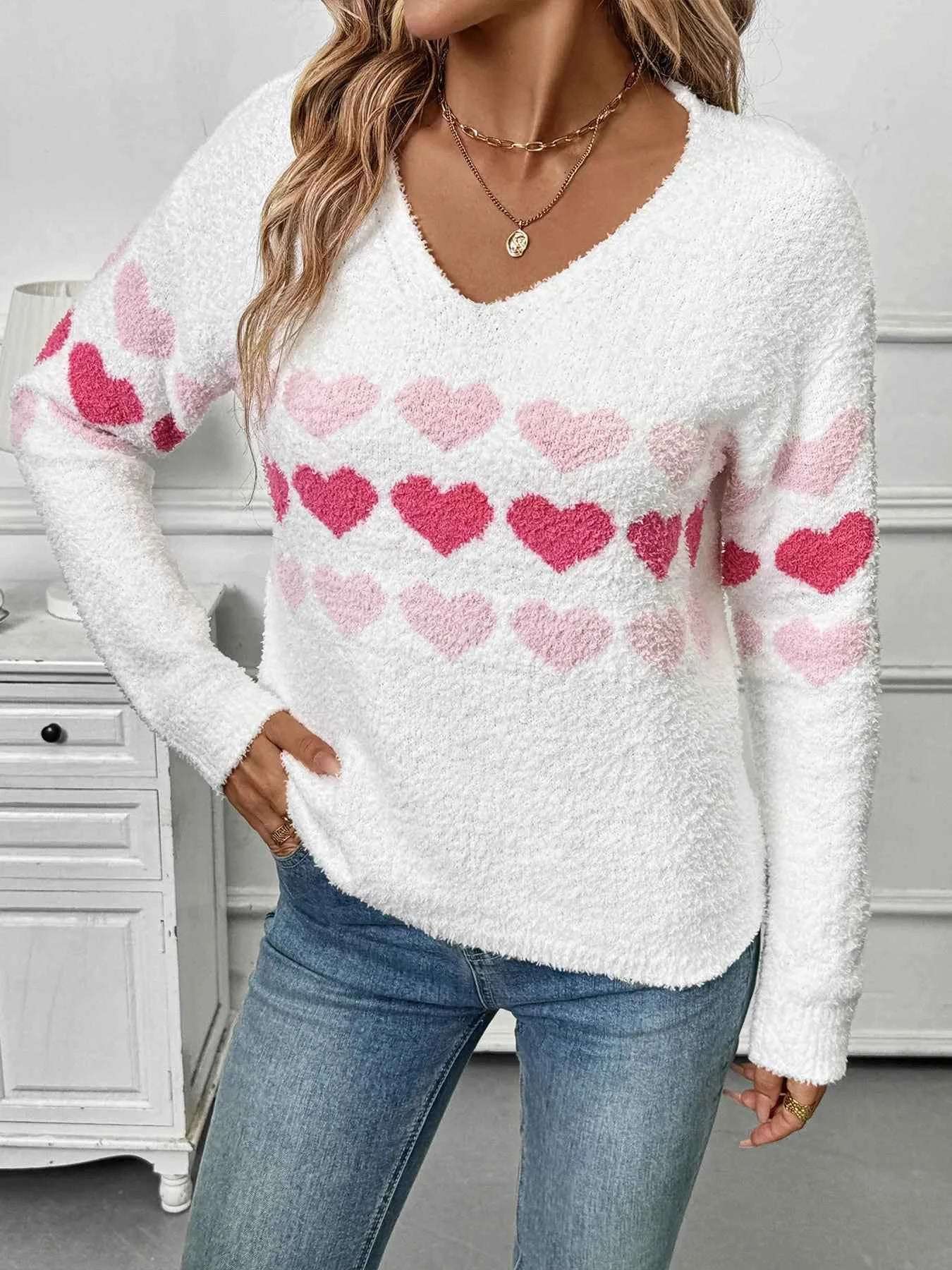Heart Pattern V-Neck Sweater.
