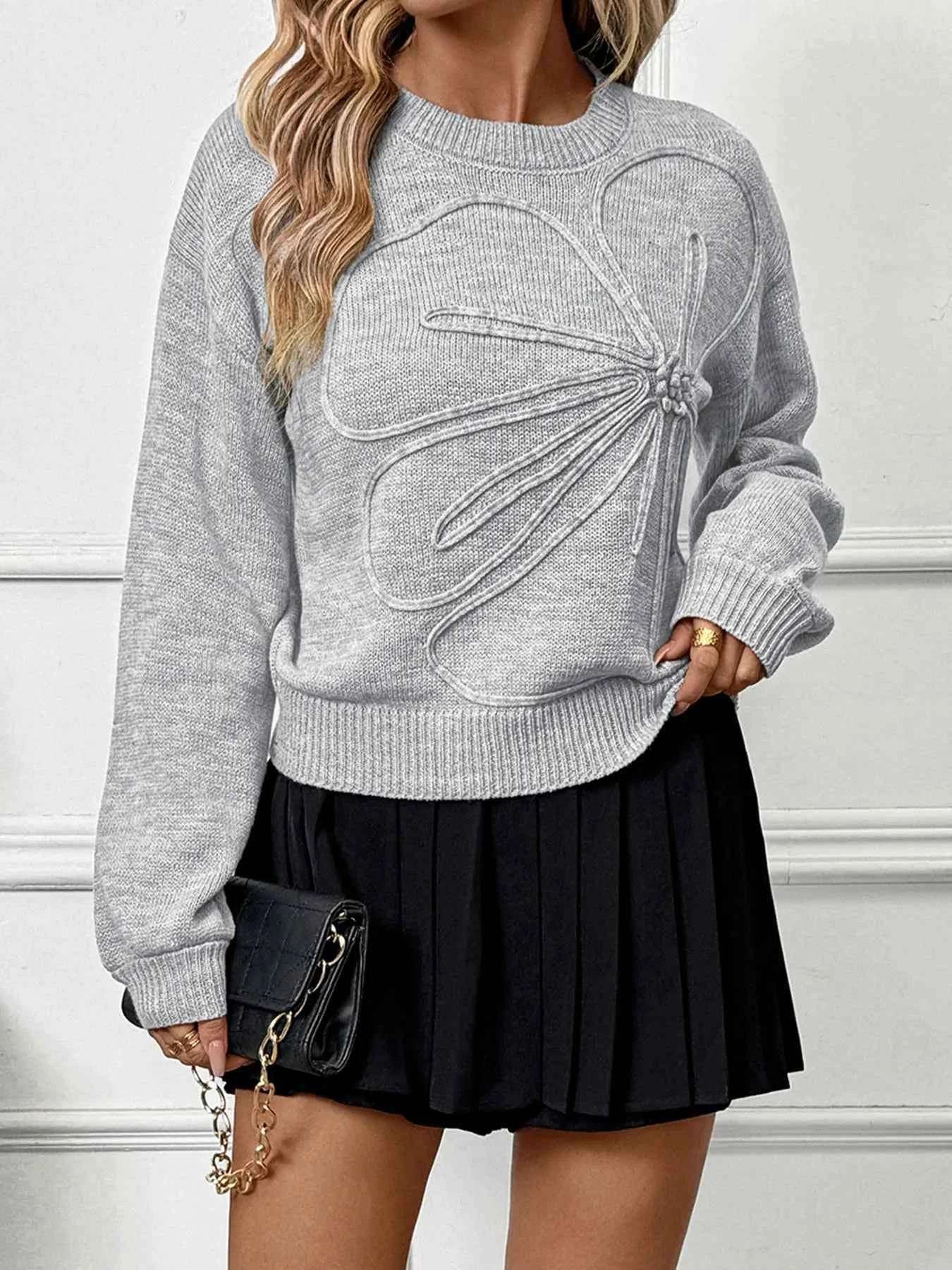 Flower Round Neck Long Sleeve Sweater.