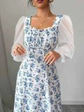 Floral Print Flounce Sleeve Maxi Dress.