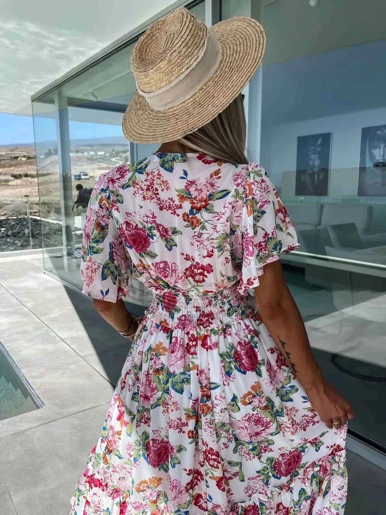 Floral Print Flutter Sleeve Maxi Dress.