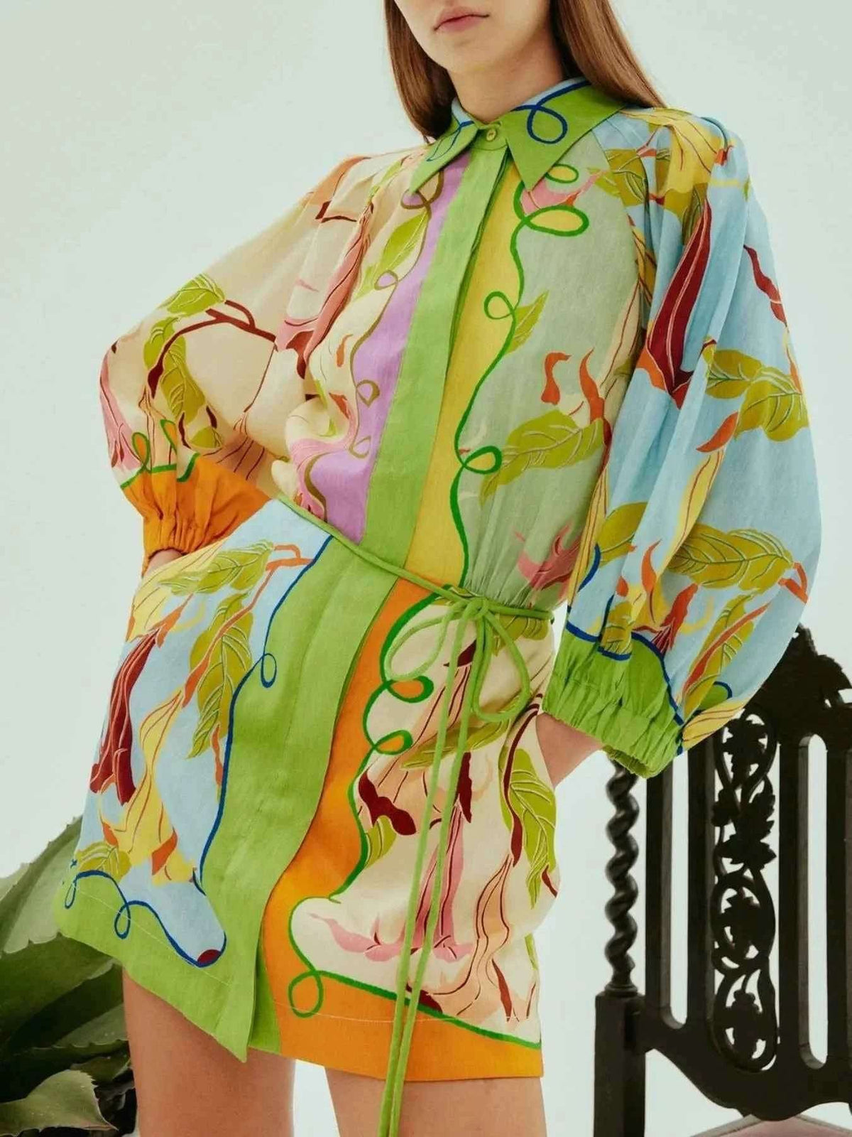 Abstract Print Tie Front Mini Shirt Dress with Pockets.