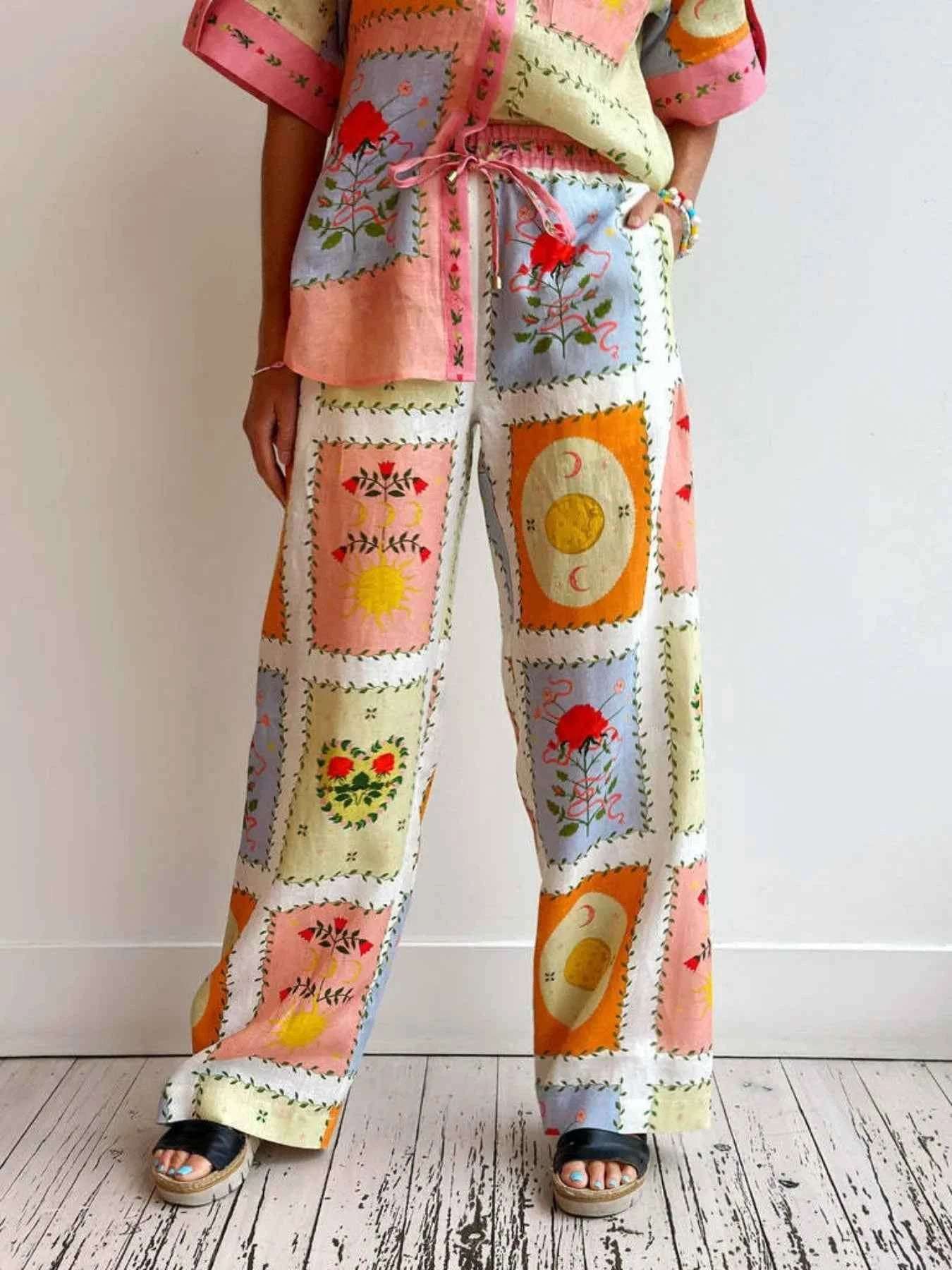 Printed Button Up Shirt and Pants Set.
