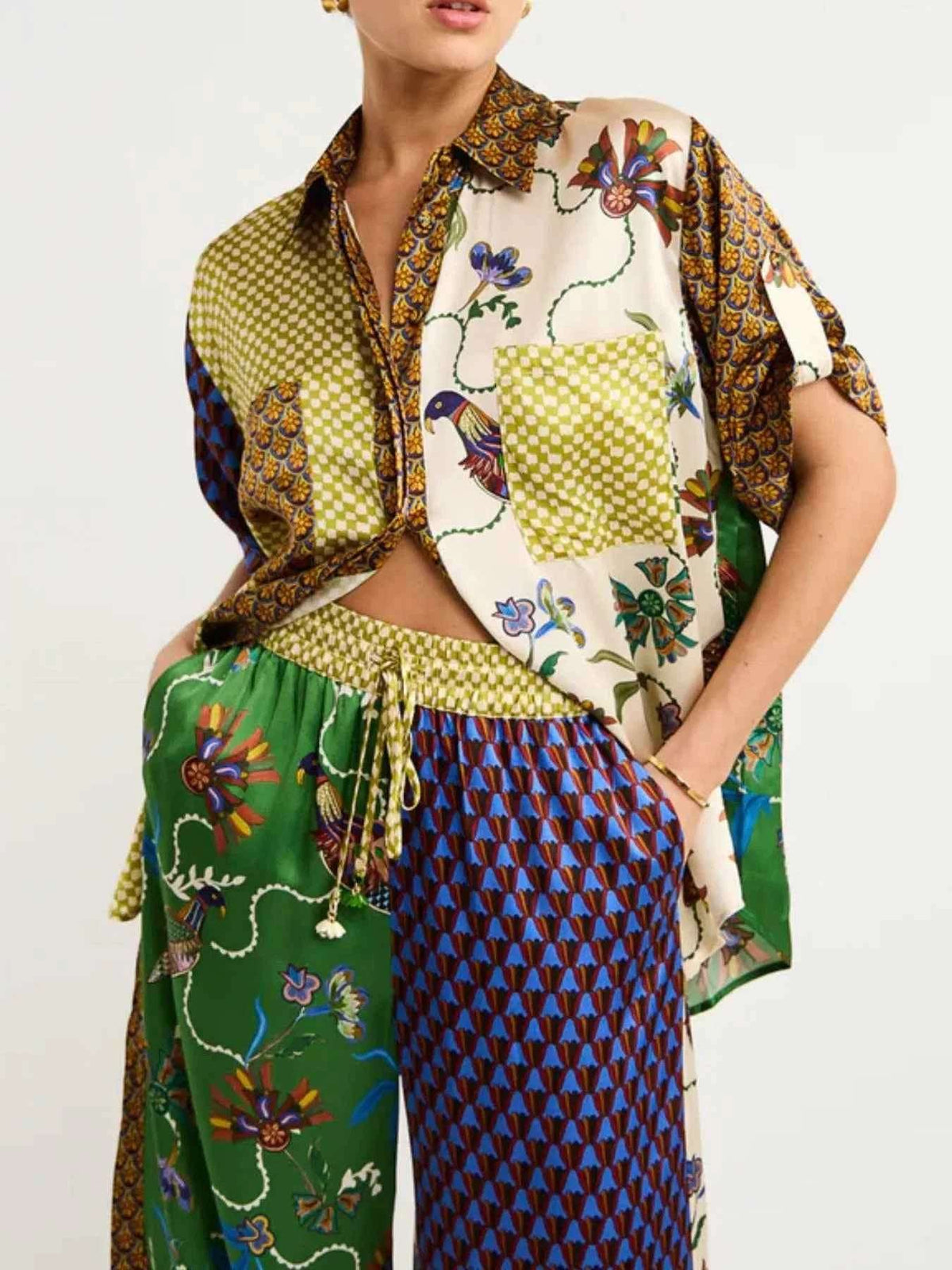 Printed Button Down Shirt and Pants Set.