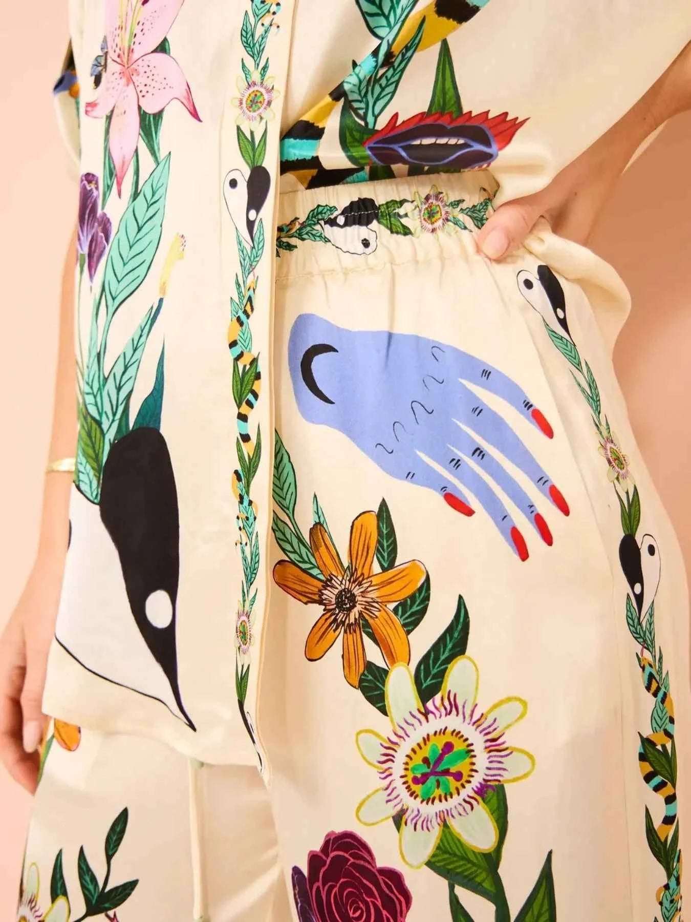 Printed Button-Up Shirt and Pants Set.