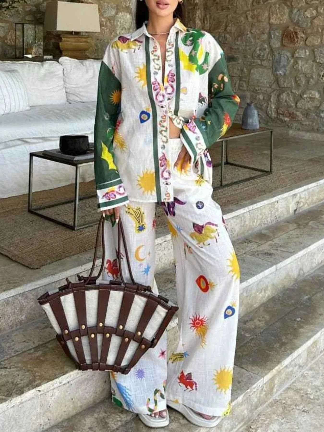 Women's Printed Button Down Shirt and Pants Set.