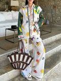 Women's Printed Button Down Shirt and Pants Set.