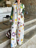 Women's Printed Button Down Shirt and Pants Set.